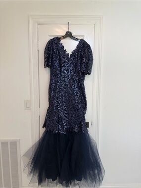 Custom Made Handmade Navy Sequin Mermaid Gown Formal Evening Dress